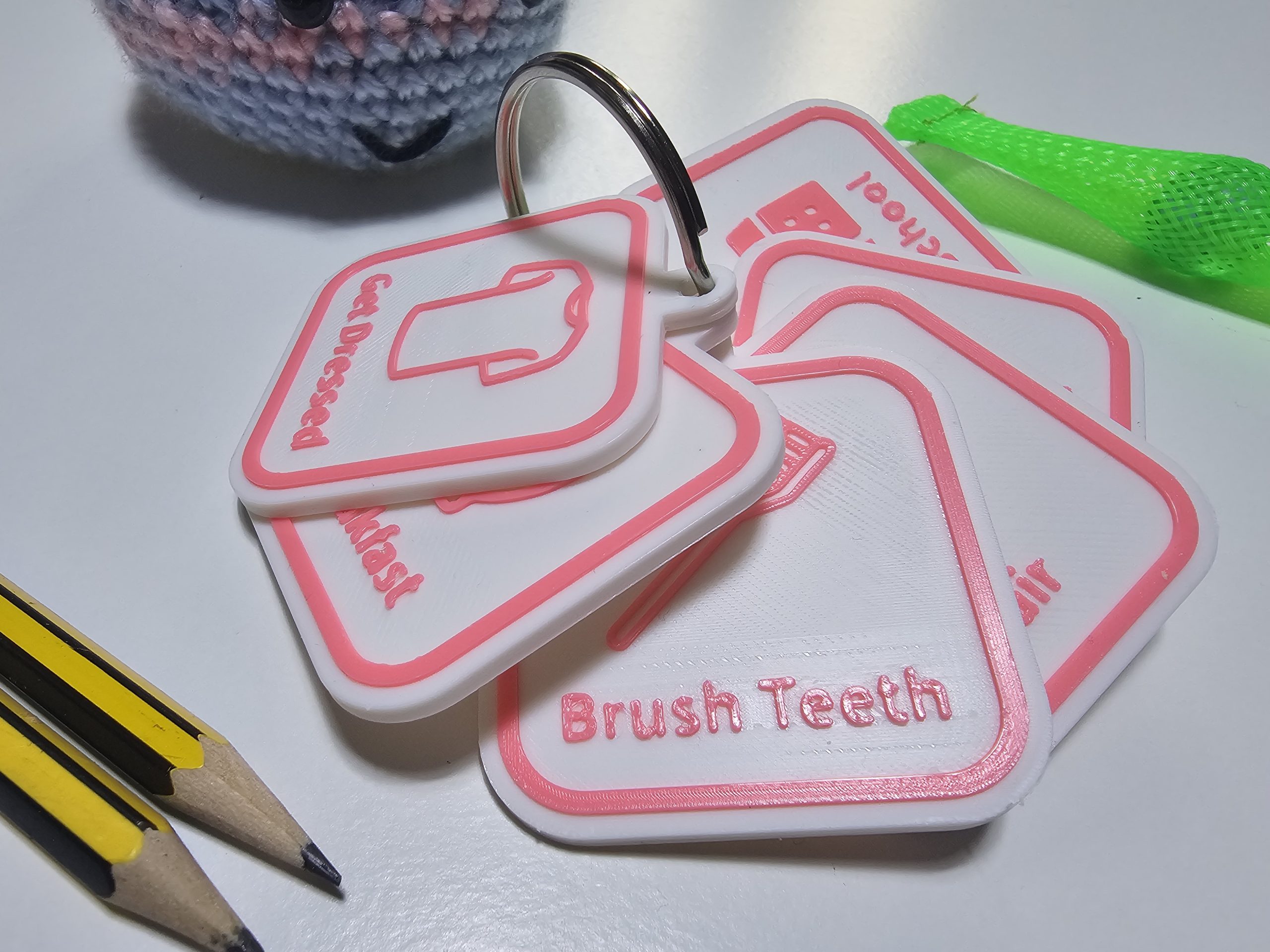 Morning Routine Visual Communication Tag Set including get dressed, breakfast, brush teeth, hair, shoes and school tags in custom pink.
