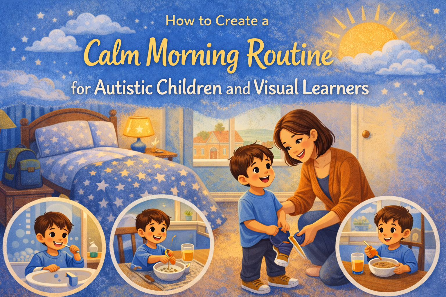 Gentle illustration of a calm morning routine for autistic children using visual supports, showing a child getting dressed, brushing teeth and eating breakfast with support.
