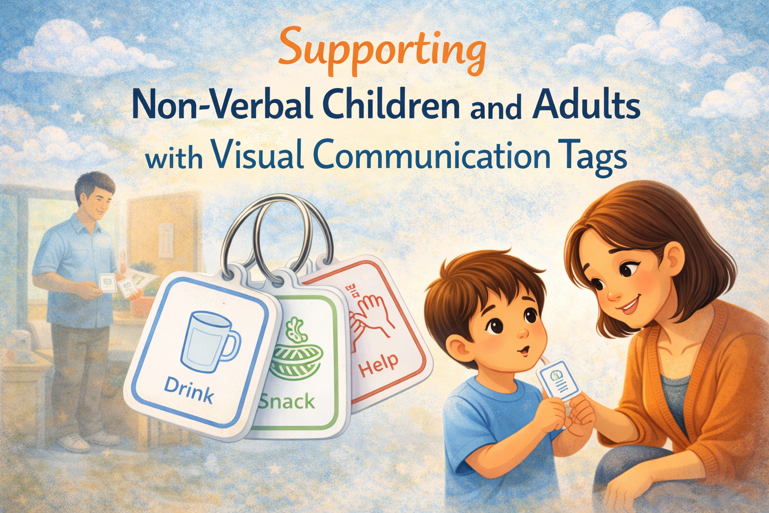 Illustration showing non-verbal child and adult using white visual communication tags with coloured borders to express needs such as drink, snack and help.