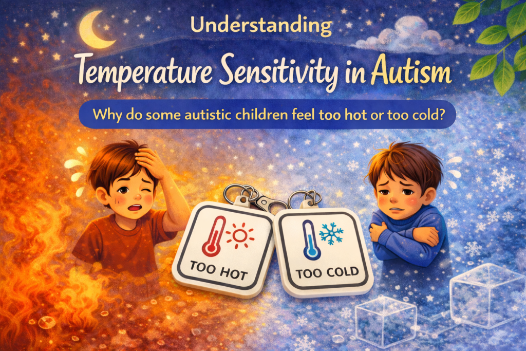 Illustrated guide to temperature sensitivity in autism showing a child experiencing heat and cold sensory differences